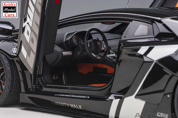 [1/18 Scale] Liberty Walk LB-WORKS Lamborghini Aventador Limited Edition in Black with Carbon Black Bonnet by AUTOart Models